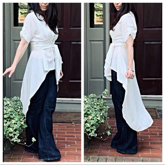 White button down high low tie waist tunic - Picture 7 of 8